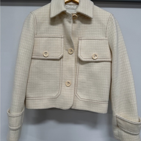 Sandro Paris Cropped Jacket Cream Textured Wool Blend Button Front Size 34 XS - Picture 5 of 10